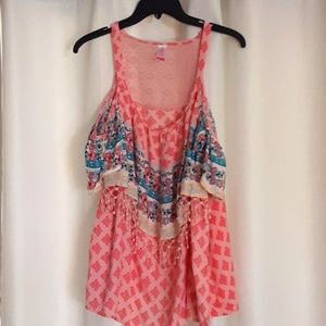 Woman summer top XL cold shlder pink blue white lace back2 layer front loose fit